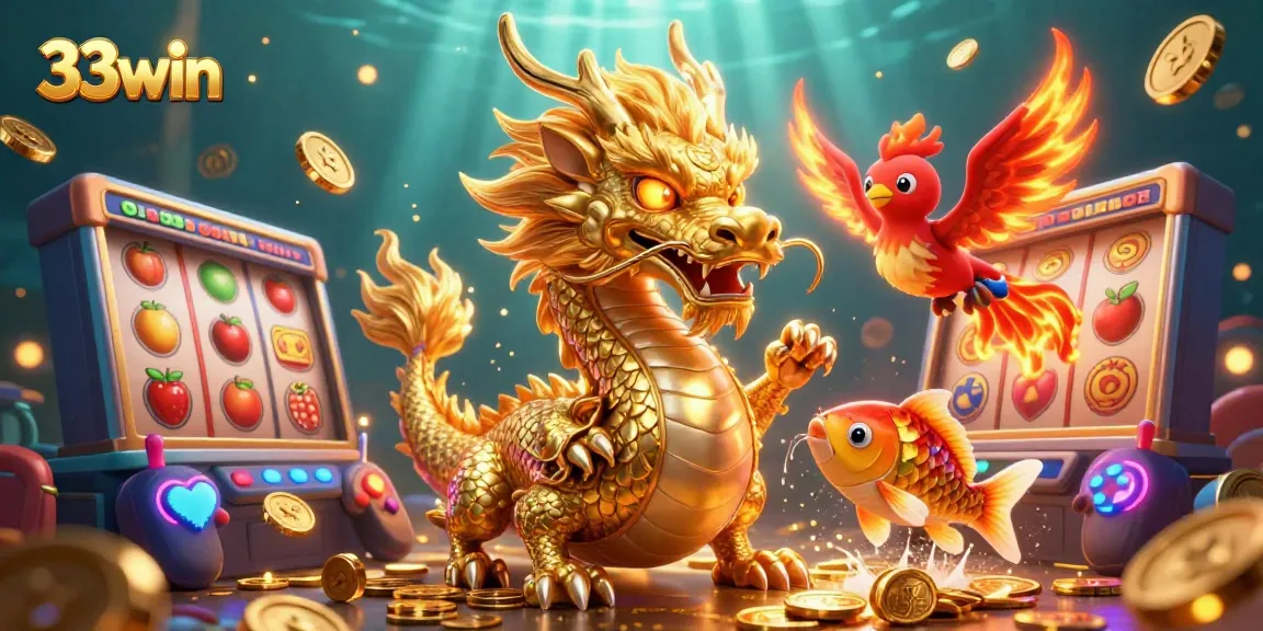 Immerse yourself in 33win's vibrant casino world with a golden dragon, phoenix, and leaping koi fish.