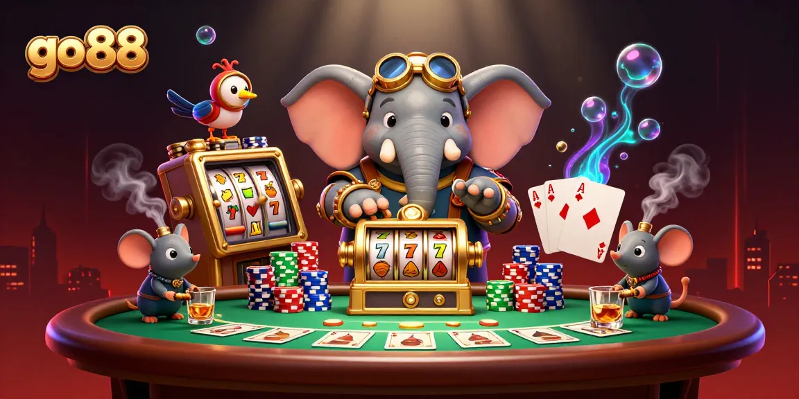 Experience the excitement of go 88 as the steampunk elephant operates a golden slot machine in a vibrant casino scene.