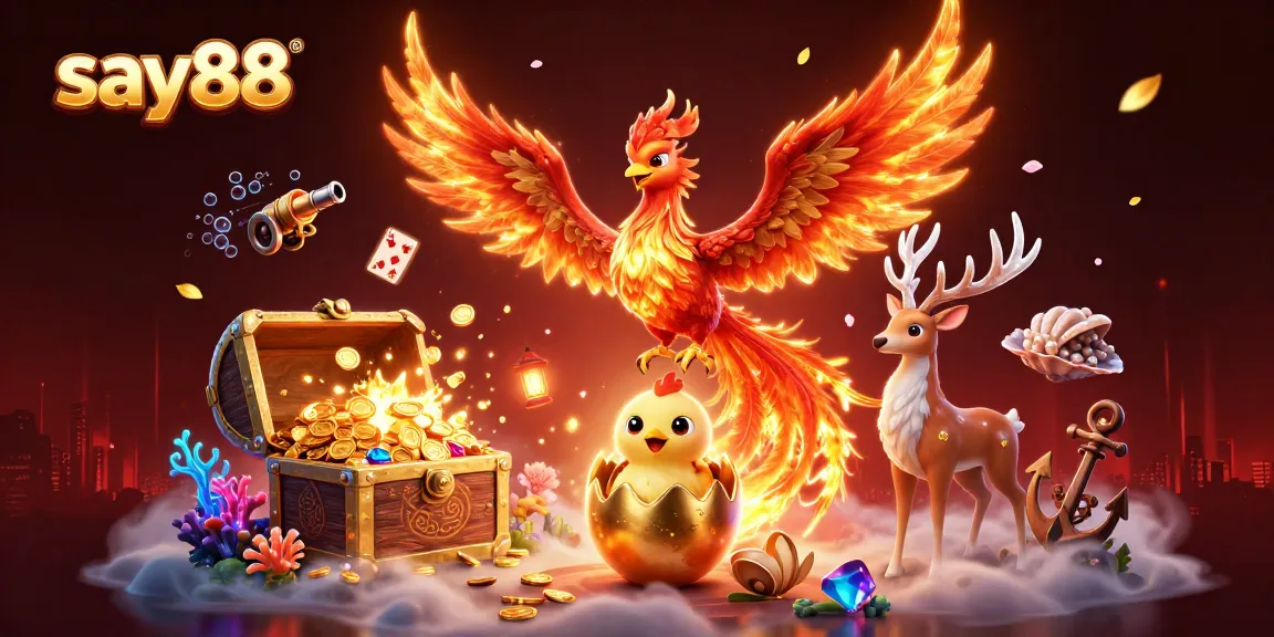 Engage with say88's thrilling casino adventures featuring a phoenix rising amid vibrant gaming elements.
