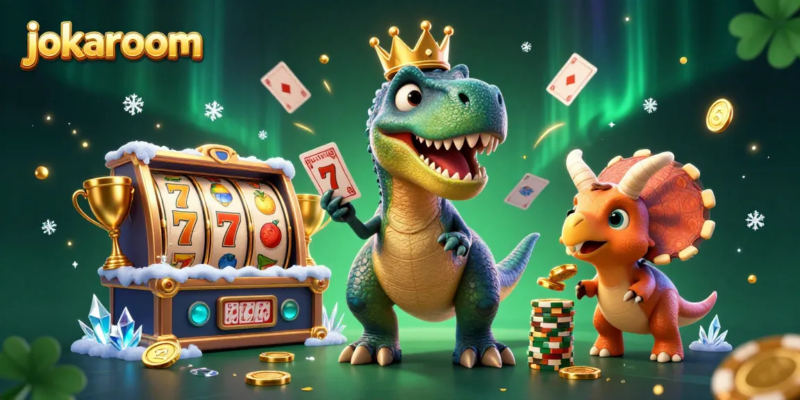 Play at jokaroom's engaging casino with a friendly T-Rex, cards, and golden stacks.