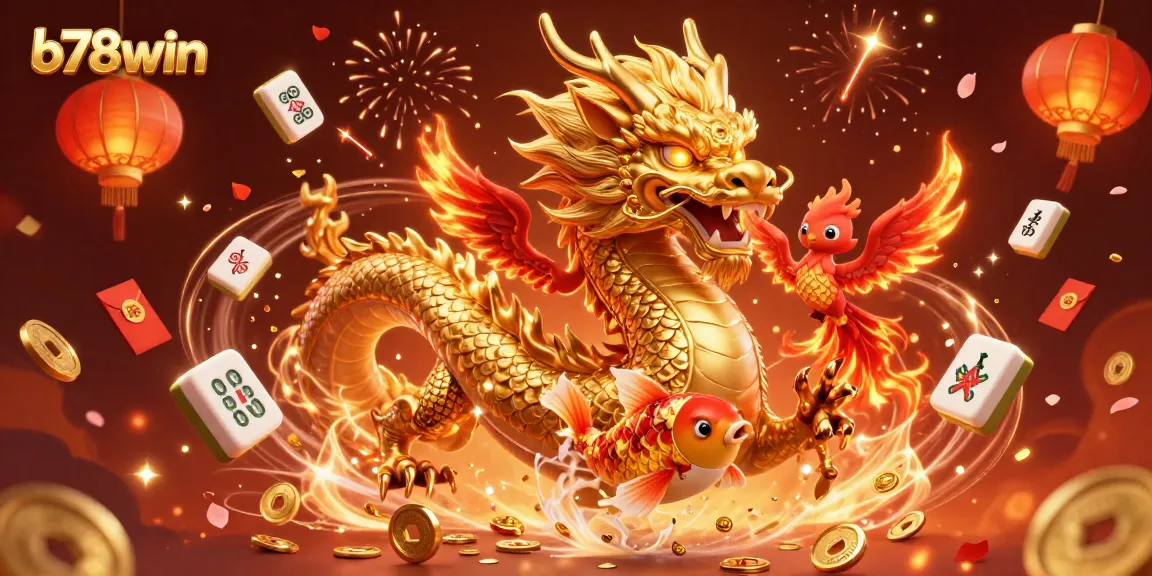 Experience the thrill of b78win with vibrant dragons and golden koi in a dynamic casino scene.