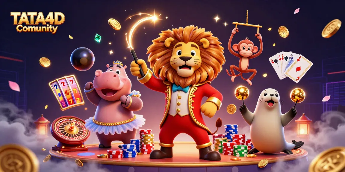 TATA4D Comunity showcases a vibrant scene with a circus lion, hippo, monkey, and seal among sparkling casino elements.