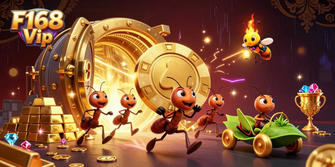 F168 Vip teams of ants engaging in a heist, showcasing vibrant casino elements and treasure.