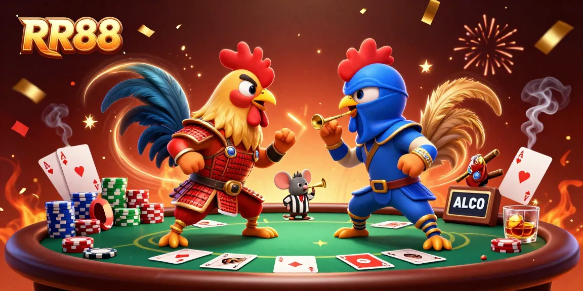 RR88 features twin fighting roosters in a dramatic poker standoff with vibrant casino elements.